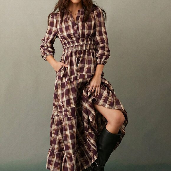 Burgundy Casual Women's Western Plaid Notch V-Neck Tiered Long Sleeve maxi Dress - Picture 2 of 5